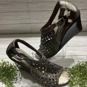 Brighton Women's Woven Leather Heels - Size 9, 3" Heel Sandals, Metallic Pewter